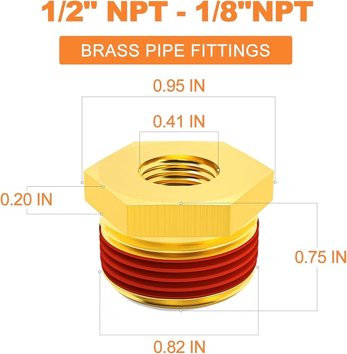 GASHER 5Pcs Brass Reducer Hex Bushing 1/2" NPT Male x 1/8" NPT Female, Brass Threaded Pipe Fitting With Sealant