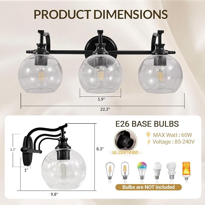 ANDY STAR Black Bathroom Light Fixture, 3 Light Vanity Lights, Rustproof Wall Lights Over Mirror, Rustic Wall Mounted Lamp, Modern Wall Sconces for Mirror, Powder Room, Bedroom