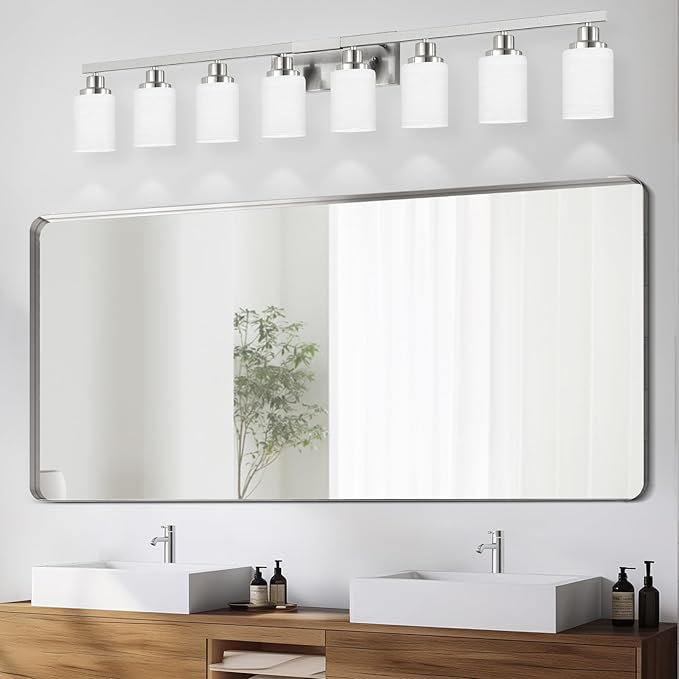 8-Light Bathroom Light Fixtures, 52inch Nickel Vanity Light with Milky White Glass Shade, Modern Bathroom Wall Lights Over Mirror, Farmhouse Wall Sconces Lighting for Bedroom Living Room
