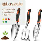 LASZOLA 3 Piece Garden Tool Set Include Hand Trowel Rake and Transplant Shovel for Women, Indoor Heavy Duty Small Spade Kit with Ergonomic Handle to Weed and Loosen, for Mom and Plant Beginner, Orange