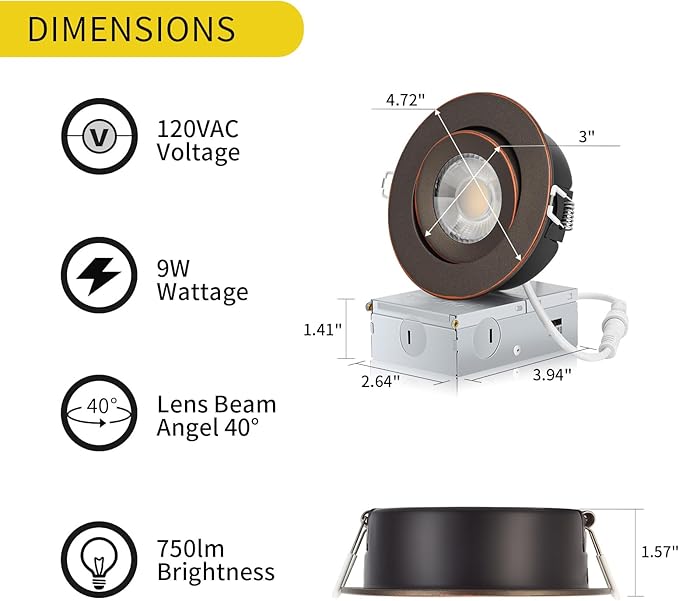 Oil Rubbed Bronze Recessed Lighting 4 Inch with Night Light 6 Pack,Gimbal Led Lights with Junction Box,5CCT Selectable,9W 750LM,Dimmable