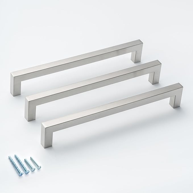 Drawer Handles Brushed Nickel 10 Pack,8 Inch Hole Center 203mm Square Cabinet Handles Dresser Pulls Stainless Steel Cupboard Handles Modern Kitchen Cabinet Hardware