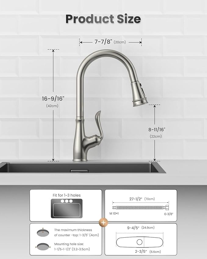 APPASO Brushed Nickel Kitchen Faucet, Single Handle Kitchen Faucet with Pull Down Sprayer, Stainless Steel High Arch, Neoperl Aerator, CUPC-Certified Pull-Out Hose, Water Supplies and Valve Core