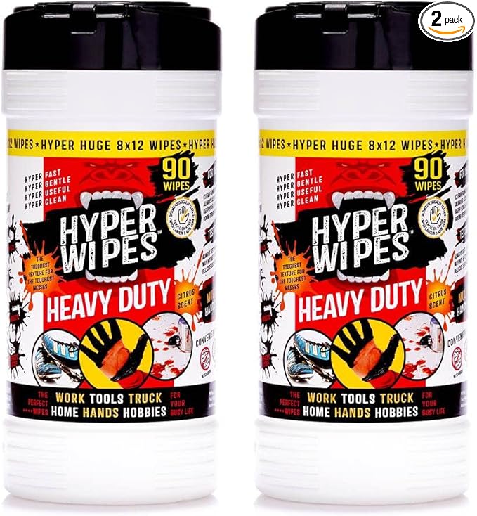 Hyper Wipes, 2 Pack Heavy Duty Hand & Tool Cleaning Wipes, 8"x12" Size Multi-Surface Cleaning Wipes, Degreasing, All Purpose Cleaner, Bathroom, Mechanic, Work Surface Wipes, 180 Count Canister