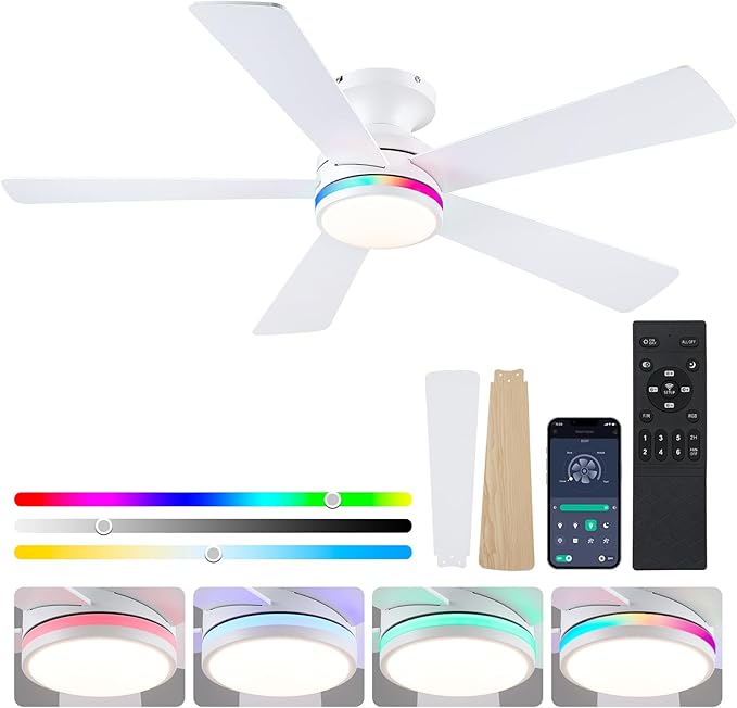 46" Flush Mount RGB Ceiling Fans with Lights - White Low Profile Ceiling Fan Light with Remote/APP, RGB+3CCT 6 Wind Speeds and Reversible, Modern Fan Light Fixture for Party, Kiad's Room