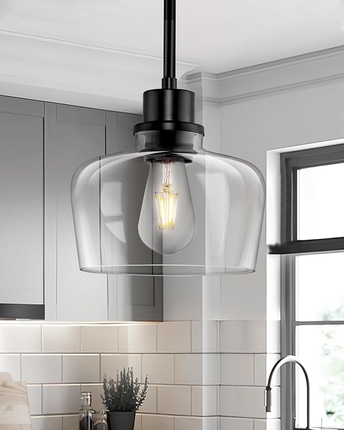 Emak 2 Pack Pendant Lights Kitchen Island, 8 Inch Black Pendant Light Fixtures with Clear Glass Shade, Modern Farmhouse Island Lights for Kitchen, Dining Room, Bar, PL122-BK-CG-2PK