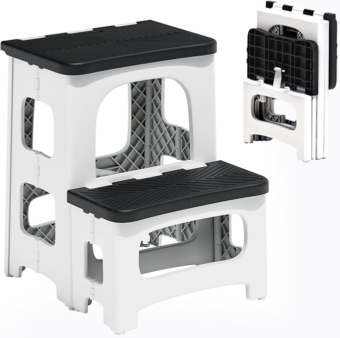 2 Step Stool Foldable, Non-Slip Steps, Folding Step Stool for Adults & Kids, Plastic Stool Pool Ladder, Collapsible Stools 2 Step Ladder for Kitchen Toilet Bedroom Office RV, Holds 330 lbs