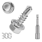 QSJ 300PCS #8 x 1/2'' Sheet Metal Screws 410 Stainless Steel Hex Washer Head Fast Self Tapping Screws with Screwdriver Bit Silver