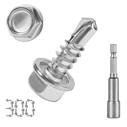 QSJ 300PCS #8 x 1/2'' Sheet Metal Screws 410 Stainless Steel Hex Washer Head Fast Self Tapping Screws with Screwdriver Bit Silver