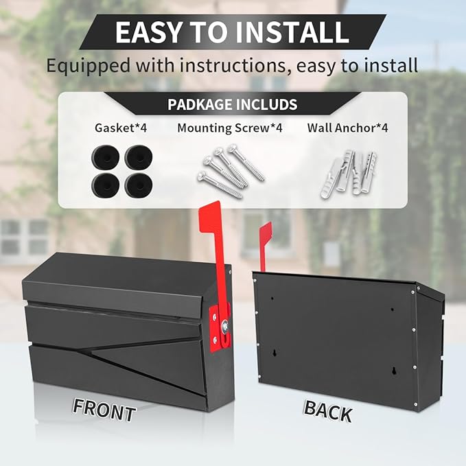 Wall Mount Mailbox, Large Capacity Mailbox for House, with Flag Kit, Galvanized Steel Rust-Proof Metal Post Drop Box, Mailboxes for Outside, 15.74"×9.84"×4.33", Black Modern Sleek Style