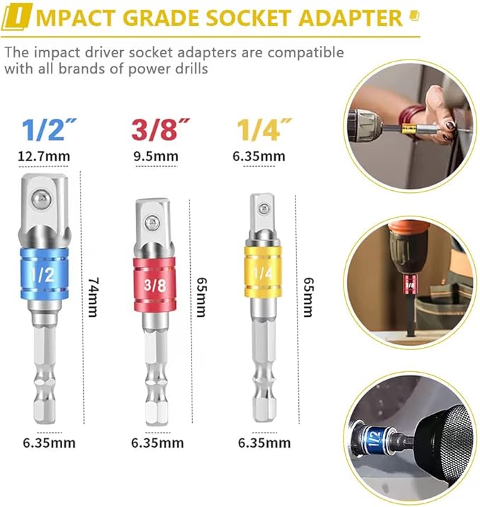 Flexible Drill Bit Extension and Universal Socket Wrench Tool Set, Hex Shank 105° Right Angle Drill Attachmen, 3pcs 1/4 3/8 1/2" Universal Socket Adapter Set and Screwdriver Bit Kit