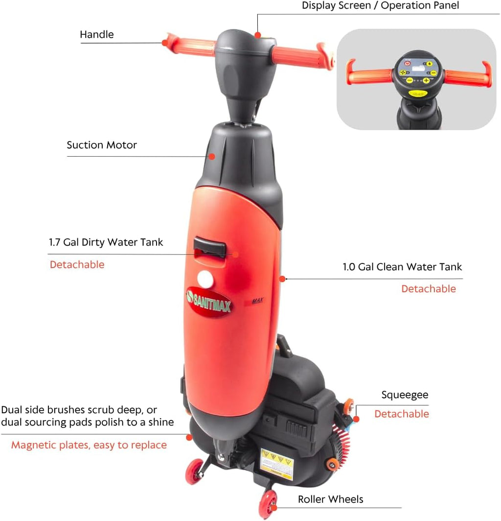 SM430 17" Walk-behind Commercial Floor Scrubber Buffer Polisher Machine, Dual Brushes, Dual Pads and Drivers, 10000 sqft/h, Cordless Rechargeable Lithium Battery, Lightweight, Red
