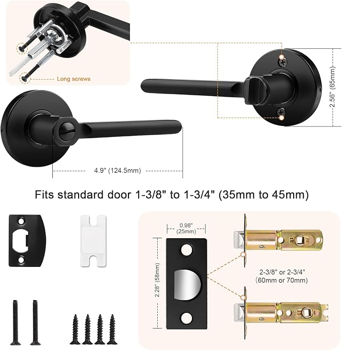 Probrico Privacy Door Handles for Bedroom and Bathroom Black Interior Door Handles, Keyless Privacy Door Lever Reversible, 6 Pack