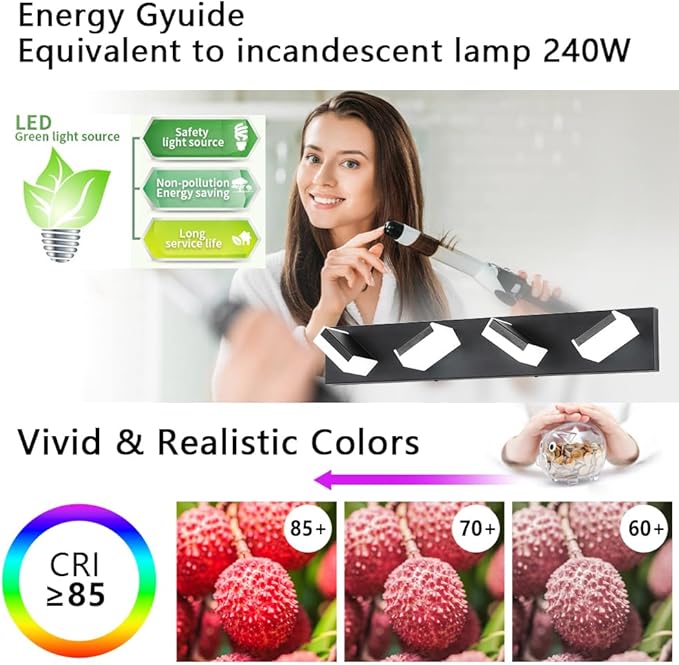 Aipsun Matte Black Bathroom Light Fixtures 4 Lights LED Modern Wall Light Over Mirror (White Light 6000K)