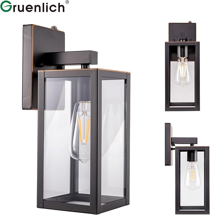 GRUENLICH Dusk to Dawn Large Outdoor Wall Lantern, Wall Sconce as Porch Lighting Fixture, E26 Base Max 60W, Metal Housing with Glass Shade (Oil Rubbed Bronze, 2-Pack)