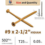 Deck Screws #9 x 2-1/2", 500 Pcs Wood Screws 2 1/2 inch, Rust Resistant, Construction Fence Exterior Screws, Torx Head Drive, 2 Pcs T25 Star Bits Included, Yellow