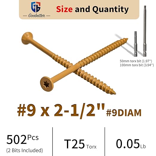 Deck Screws #9 x 2-1/2", 500 Pcs Wood Screws 2 1/2 inch, Rust Resistant, Construction Fence Exterior Screws, Torx Head Drive, 2 Pcs T25 Star Bits Included, Yellow