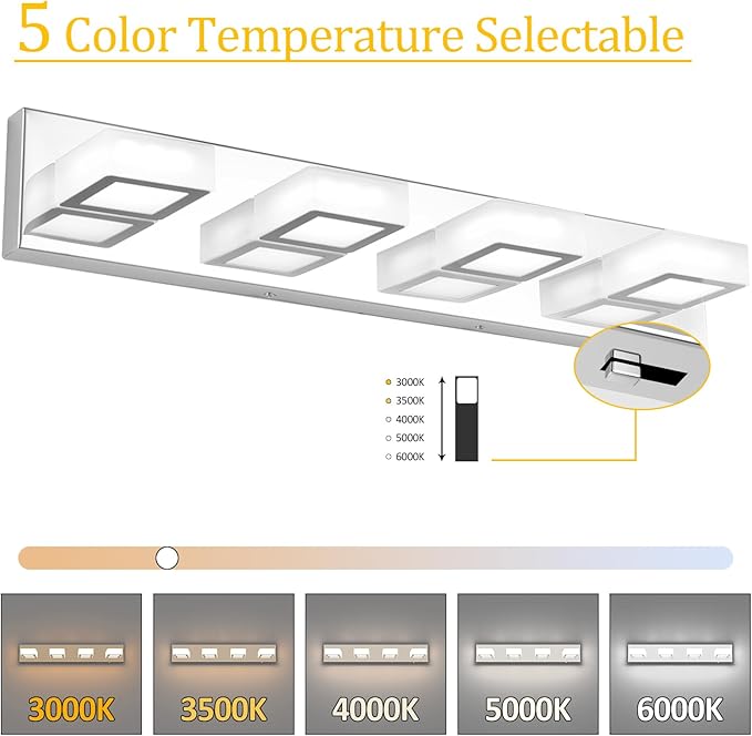 Ralbay Modern Led Bathroom Vanity Lights 5 Color Temperature 4 Lights Dimmable Acrylic Modern LED Chrome Bathroom Vanity Lighting Fixtures