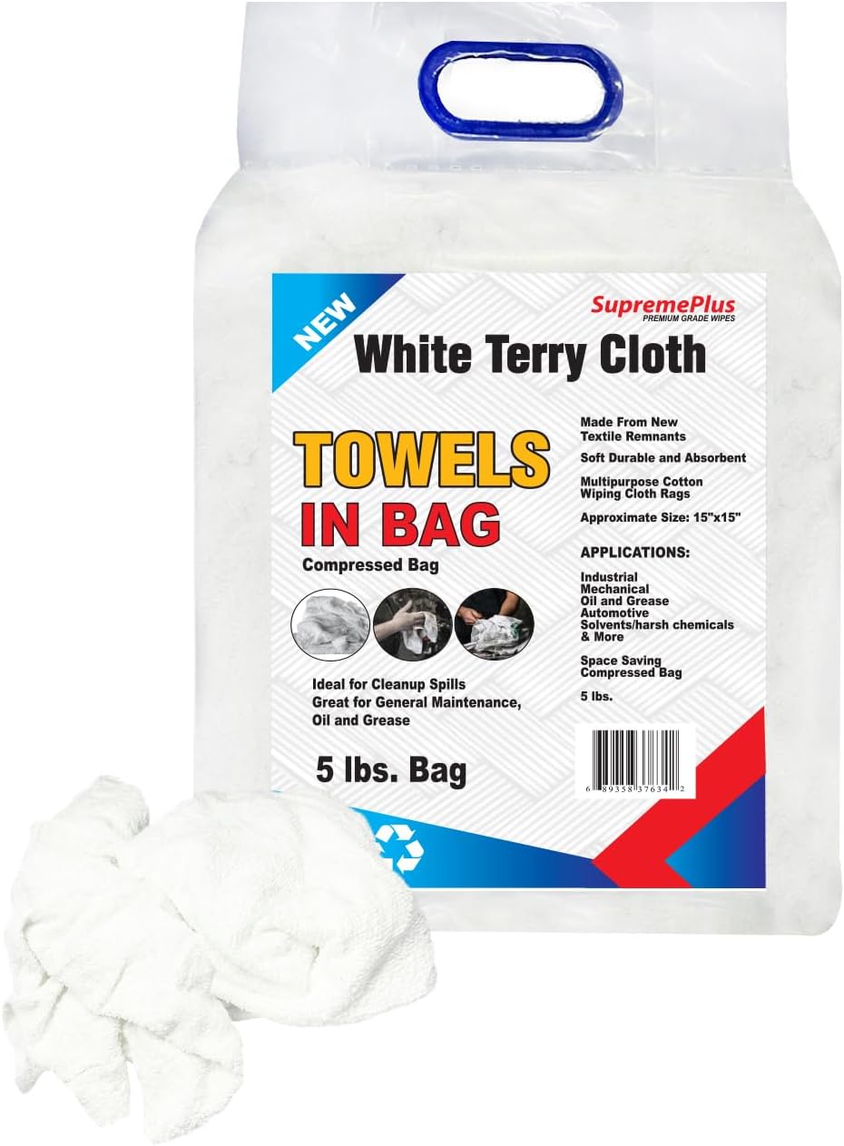 Premium White Terry Cloth Rags (5 lbs.Bag) Super Absorbent Cotton Towel Cleaning Rags for Garage, Industrial Use & Housekeeping
