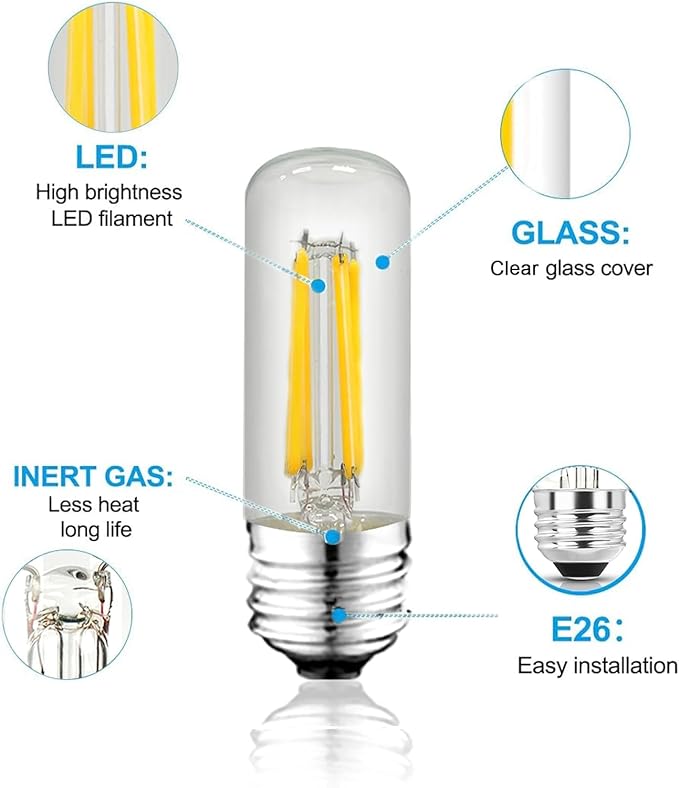 3.2 Inch 5000K Daylight White E26 LED Bulb 60 Watt Equal, AC 120V 600LM Edison Bulbs Dimmable, 6W T10 T30 Filament Light Bulbs Clear Glass for Fan Pendant Wall Light, UL Listed-6 Pack