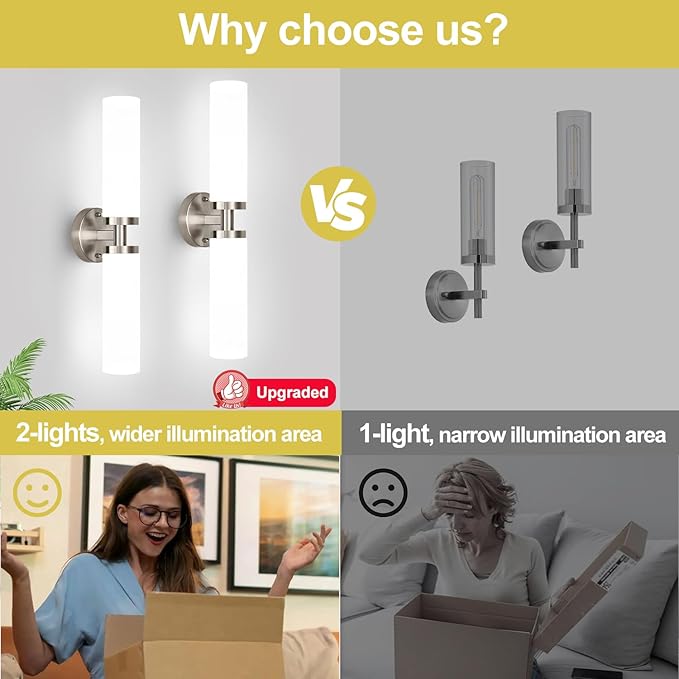 Wall Sconces Set of Two, Brushed Nickel Gold Bathroom Sconces Wall Lighting with Milky White Glass, Modern Sconces Wall Decor Set of 2 Bathroom Light Fixtures for Mirror Living Room Bedroom