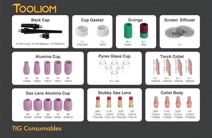 TOOLIOM 71Pcs TIG Welding Torch Accessories Kit Stubby Gas Lens Glass Cup Ceramic Cup Back Cap Kit for WP-17/18/26