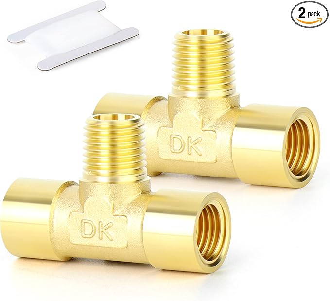 GASHER 2PCS Brass 3 Way Pipe Fitting Male Branch Tee T Adapter 1/4" NPT Female x 1/4" NPT Male x 1/4" NPT Female
