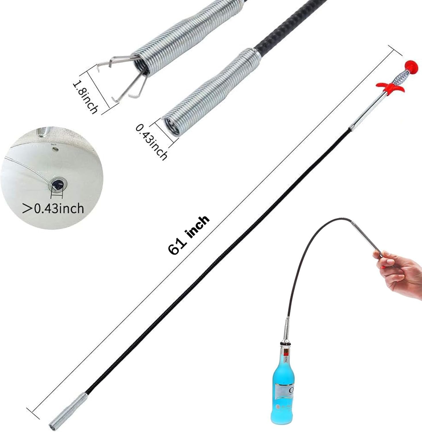 61 Inch Drain Snake, Hair Drain Clog Remover- Flexible Gutter Cleaning Tools for Home Sink, Bathroom Tub,Drain, Toilet, Tight Spaces