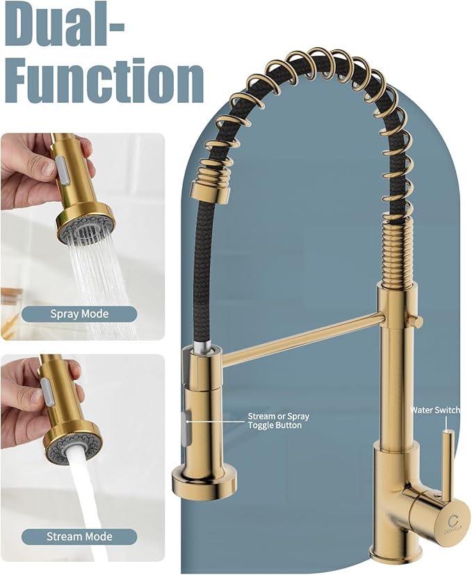 Kitchen Faucet, Brushed Gold Faucet for Kitchen Sink, Kitchen Sink Faucet with Pull Down Sprayer, Single Handle Stainless Steel Kitchen Faucets with Dual Function Spray Head