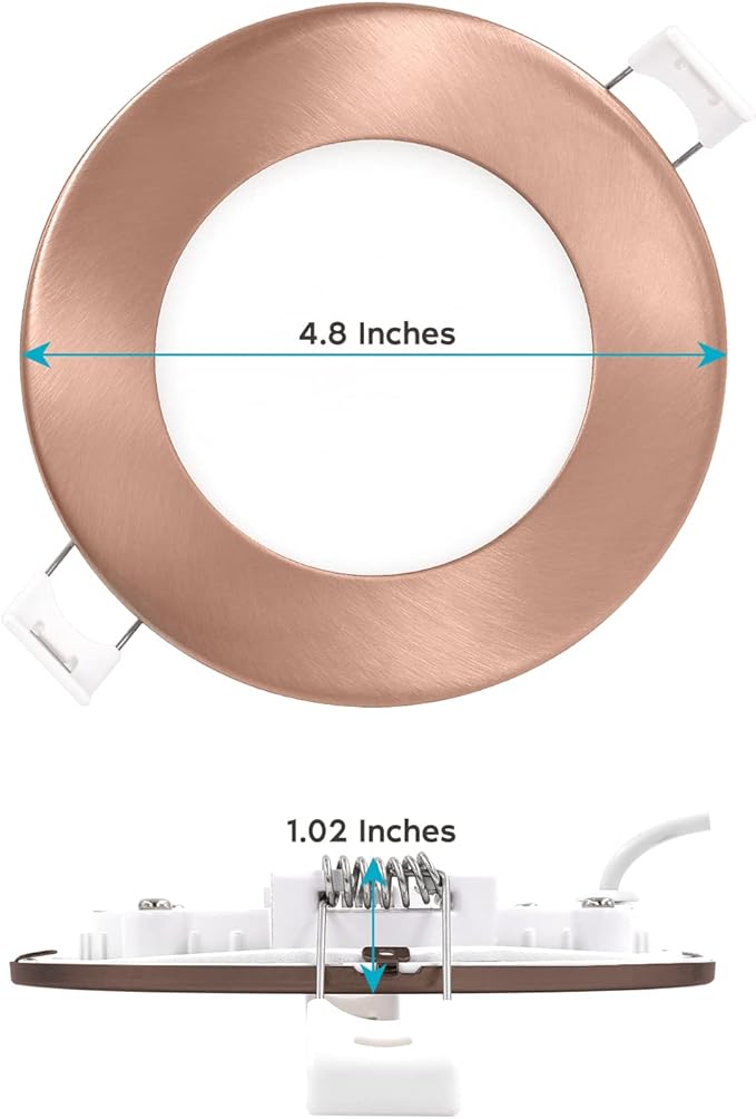 LUXRITE 4 Inch Ultra Thin LED Recessed Light with J-Box, 10W, 5 Color Options 2700K | 3000K | 3500K | 4000K | 5000K, Dimmable Wafer Lights, 750 Lumens, Copper Trim, Energy Star, IC Rated