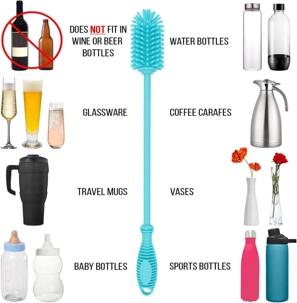 12.5” Silicone Bottle Brush & Straw Cleaner Brush Set | Water Bottle Cleaner for Hydro Flasks, Tumblers, Glassware, Vases and Narrow Neck Containers