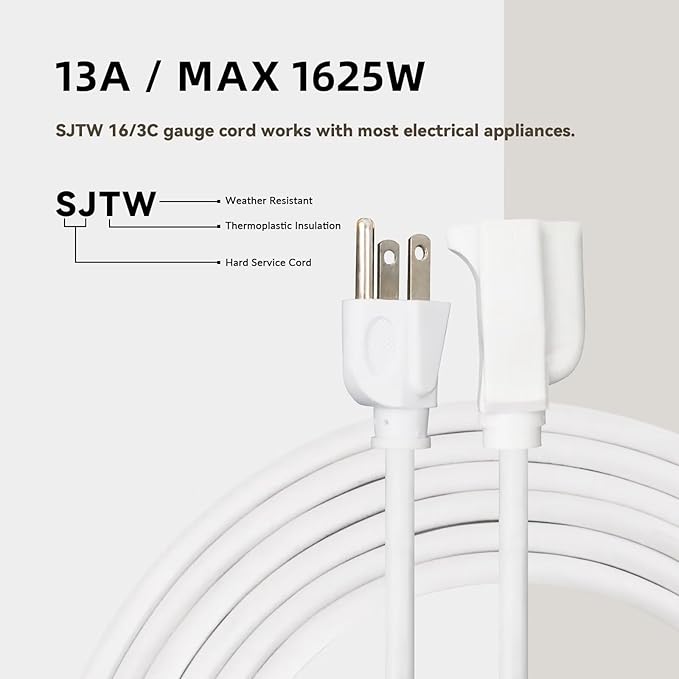 15ft Outdoor Extension Cord - 16/3 Heavy Duty SJTW Waterproof White Electrical Cable with 3 Prong Grounded Plug for Safety, Great for Lawn and Major Appliances
