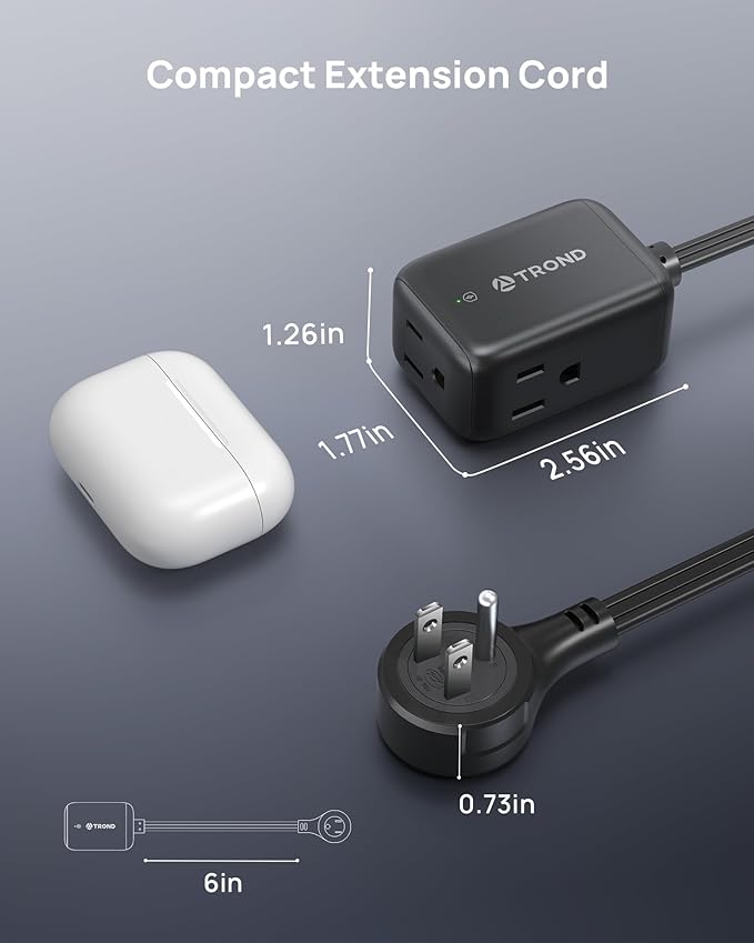 TROND 360° Rotating Flat Plug Outlet Extender with 6 Inch Extension Cord, Small Surge Protector Outlet, 900 Joules, No Blocking 3 Way Plug for Indoor Home Office Travel Dorm Room Tight Spaces, Black