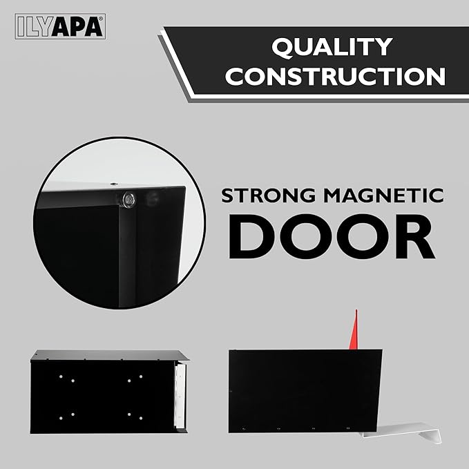 Ilyapa Modern Mailbox for Post Mount - Black with White Door Powder Coated Steel, Waterproof Letter Box for Parcels, with Recessed Magnetic Close Door