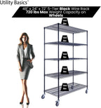 48"x24"x72" Black 5-Tier Premium Wire Shelving NSF 4000 LBS MAX Capacity Heavy Duty Steel Storage Rack for Warehouses, Garages, Hospitals, Commercial Spaces, & Schools w/Premium Wheels