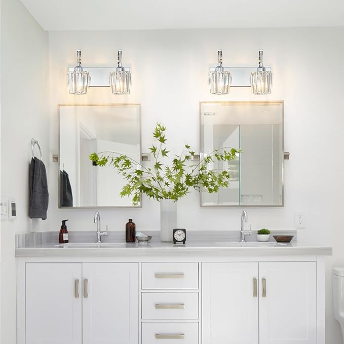 Modern Bathroom Vanity Light, 2-Light Chrome Wall Sconce with Crystal Accents, Over Mirror Bathroom Lighting Fixture, 13.77" Long Dimmable Vanity Lamp for Makeup, Easy Installation