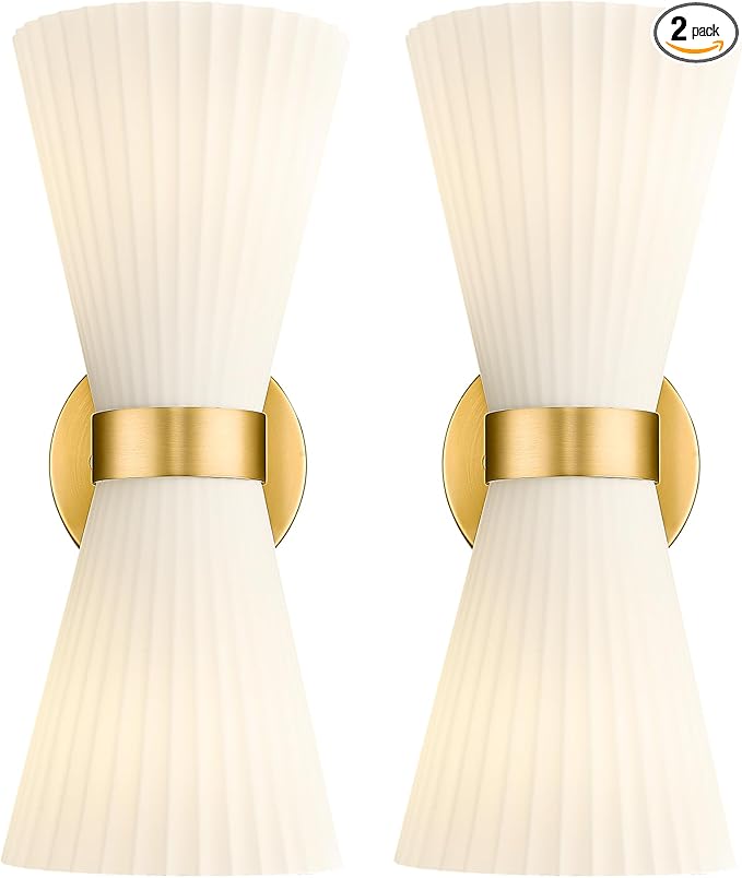 Modern Wall Sconce Set of 2, HWH 2-Light Up Down Wall Light Indoor Vanity Wall Lamp, Brushed Gold Bathroom Vanity Sconce Frosted White Striped Glass Shade, 5HZG97B-2W-2PK BG