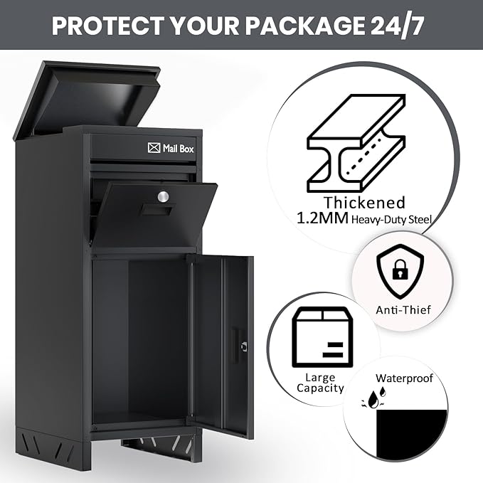 Package Delivery Boxes for Outdoor, Parcel Drop Boxes for Outside with Anti-Theft Design,Parcel Mailbox is Weatherproof, Rustproof,Suitable for Home/Office/Shop Non-installation(15.7*15.7*37.8 in)