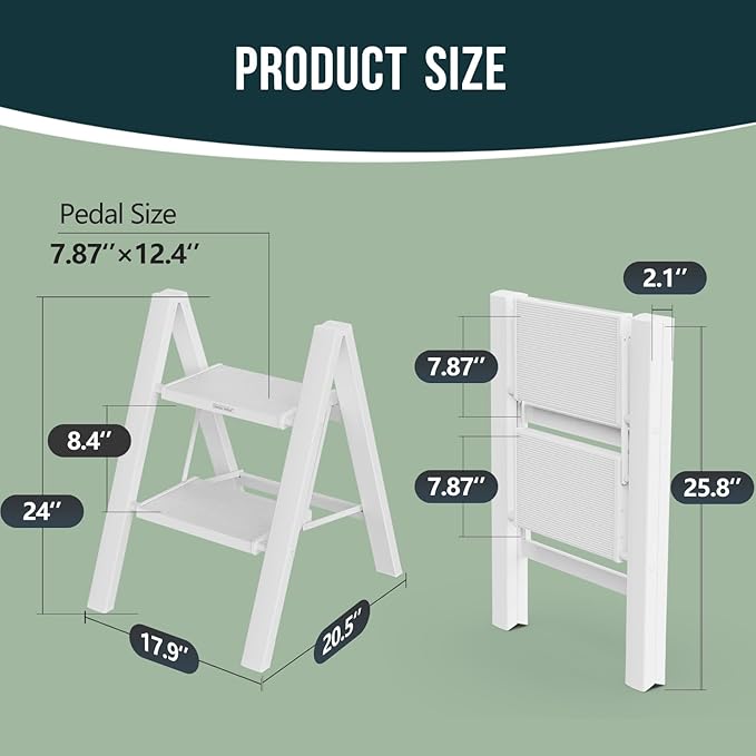 WOA WOA Step Ladder, Widen Pedals Foldable Step Stool, Lightweight Aluminum Ladder, Easy to Move Around, Anti-Slip Foot Stepladder for Household, Fold Thin & Space Save, 300 lbs Load (2 Step, White)