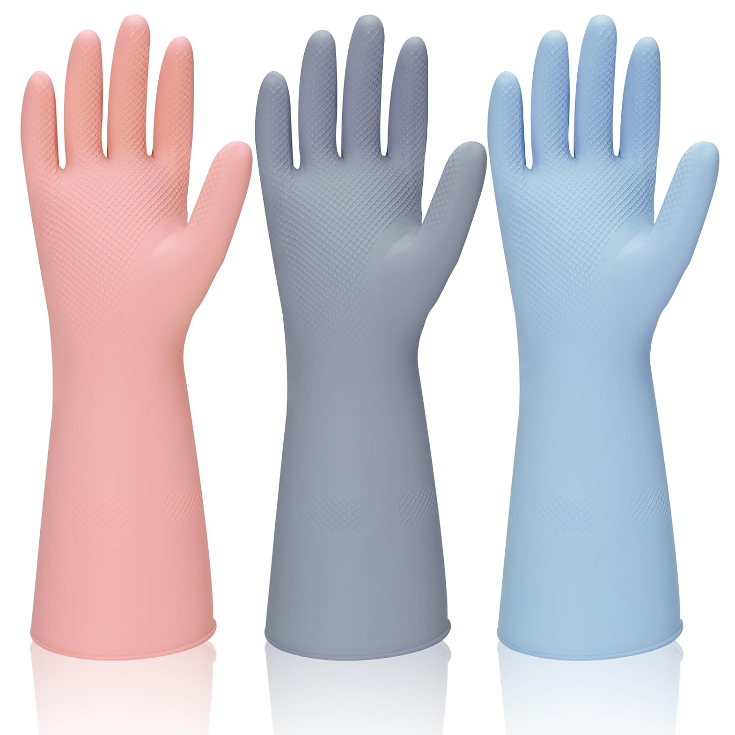 Rubber Kitchen Dishwashing Gloves - 3 Pairs Reusable Household Cleaning Gloves, Flexible and Durable & Non-slip Cleaning Gloves, Great for Kitchen, Bathroom, Laundry (Small, Pink+Blue+Grey)