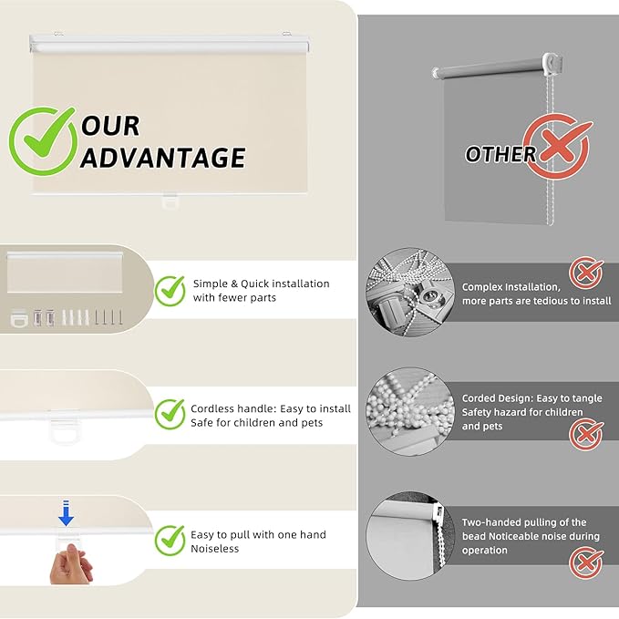 ChrisDowa Cordless Blackout Roller Shades for Windows, Thermal Insulated UV Protection Pull Down Shades, Total Blackout Window Blinds for Home, Office, Bedroom, Door (27" W x 72" H, Beige)