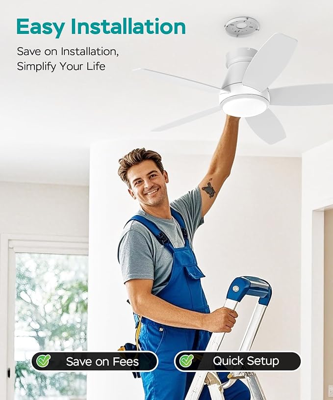 Ceiling Fans with Lights, 42 inch Ceiling Fans with Lights and Remote, Dimmable, Noiseless, Low Profile Ceiling Fan with Light for Bedroom, Indoor and Outdoor Use(White)