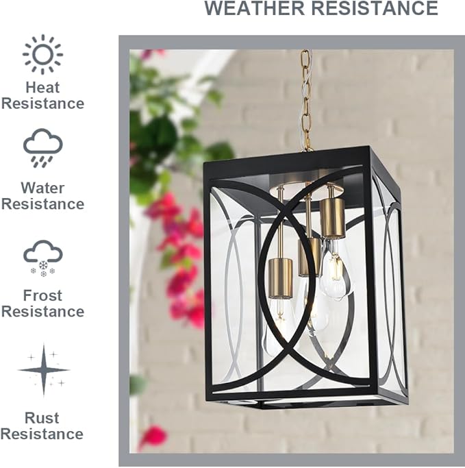Outdoor Pendant Light Fixtures, Modern 3-Lights Exterior Hanging Lantern Clear Glass Panel, Black Large Outdoor Chandelier for Porch Patio Front Door