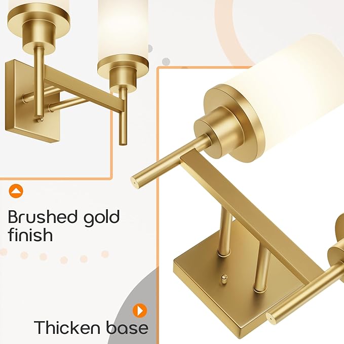 Vanity Lighting Fixtures with White Frosted Glass Shade, Double Wall Lamps for Bathroom Mirror Bedroom Living Room Washroom Porch, Gold T001GD-L2