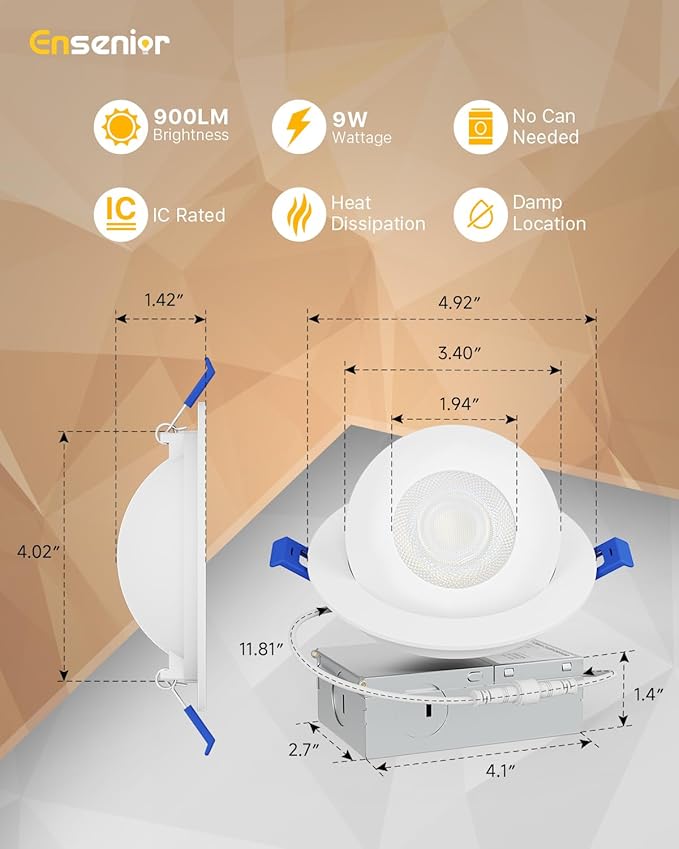 Ensenior 4 Pack 4 inch Gimbal Led Recessed Light with Junction Box, 90° Adjustable Directional Eyeball Lighting, Dimmable, 2700K/3000K/3500K/4000K/5000K, 900LM, 9W=100W-FCC Certified