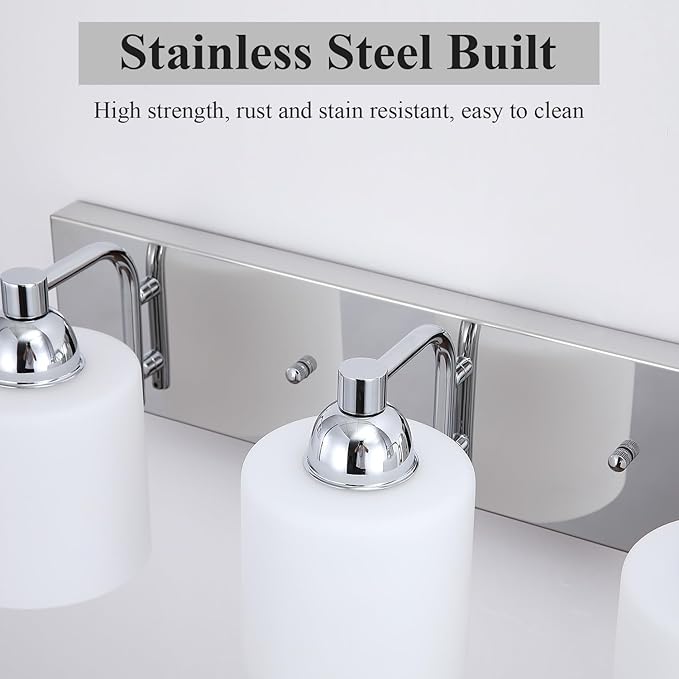 Stainless Steel Milk Glass Vanity Lights for Bathroom, 3 Light Polished Chrome Bathroom Light Fixtures Over Mirror, Ceramic E26 Sockets Wall Mounted