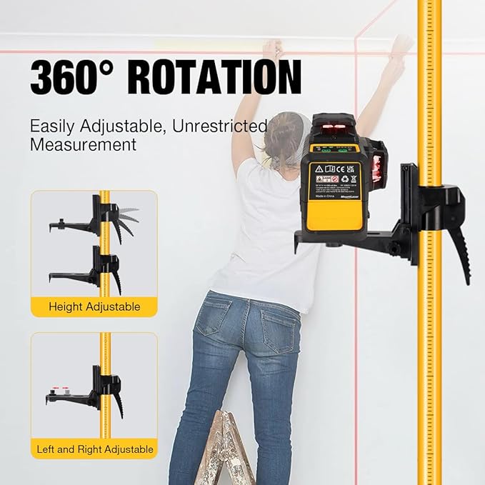 12Ft/3.7M Professional Laser Level Pole with Tripod & Mount - 1/4" & 5/8" Adapters, Adjustable Telescoping Laser Level Pole for Rotary/Line Lasers
