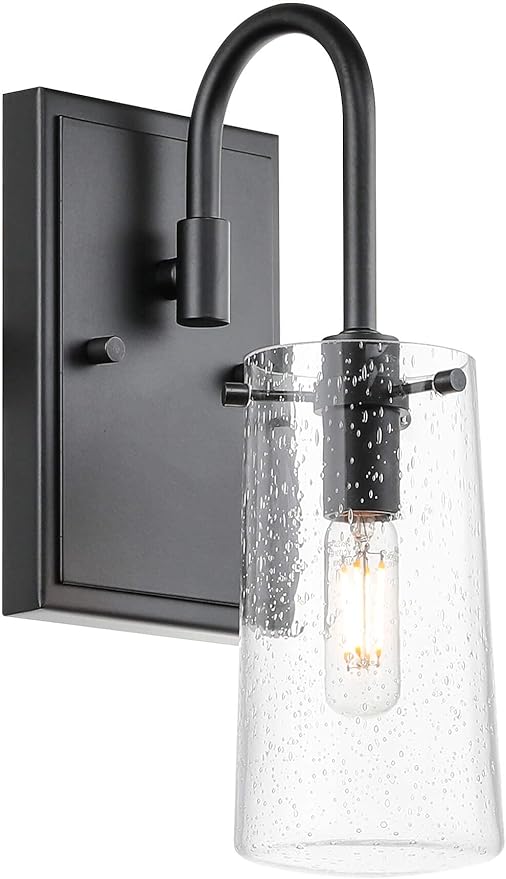 XiNBEi Lighting Wall Sconce, Industrial 1 Light Vanity Sconce Light Seeded Glass Bathroom Wall Light Matte Black Finish XB-W1283-1-MB