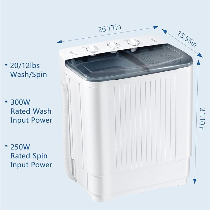 Sportpulse Portable Washing Machine with Time Control, Mini Twin Tub 32lbs Capacity Laundry, 20lbs Washer & 12lbs Spinner, ideal for Camping, Apartments, RV (Black, 32lbs)