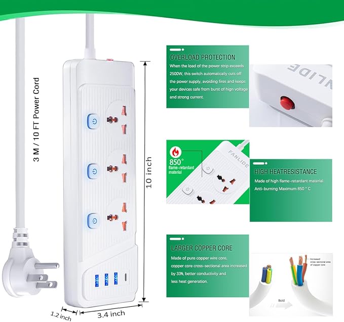Power Strip with 45 Degree Plug and 10ft Long Cord, 3 Universal Socket, 2500W Circuit Breaker, 4 USB Ports Desktop Charging Station(3 USB-A & 1 USB-C)